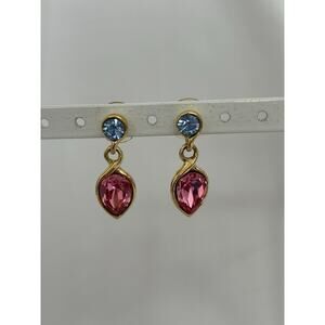 Lovely Gold Tone Pink And Blue Crystal Post Drop Earrings